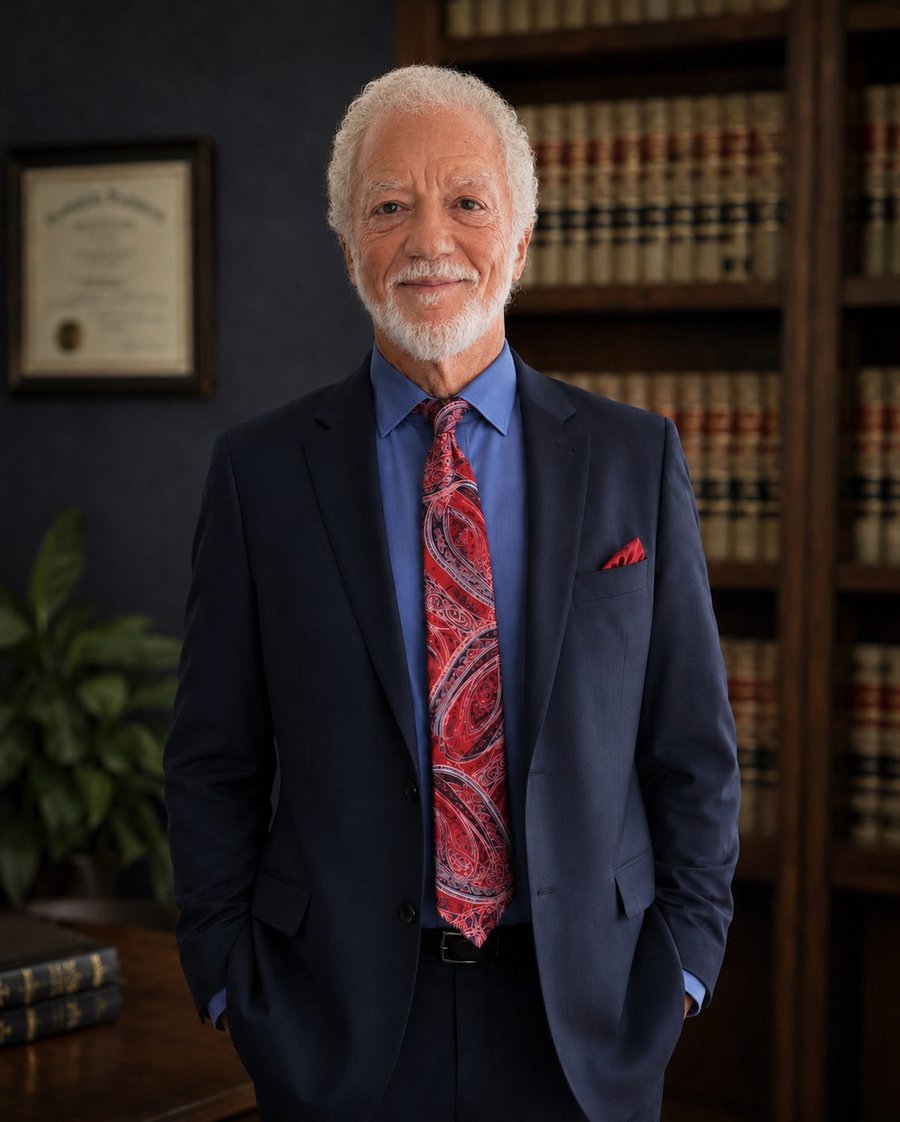 Jerry O. Talton, criminal defense attorney, standing in his office in front of his law library